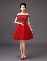 Knee-length Sequined Bridesmaid Dress-Ruby / Burgundy A-line Off-the-shoulder