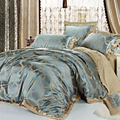 4 pièces de style européen havane 100% de coton gris et jacquard floral bleu ensemble de housse de couette