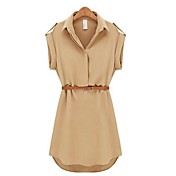 Women's Lapel Chiffon Cap Stretch Sleeve Shirt Mini Belted Dress