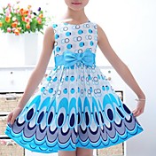  Girl's Fashion Peacock Feather Print Sweet Honey Children Princess Dress Blue/Pink 100/110/120/130/140