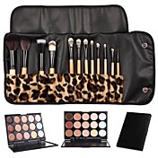 12PCS White Handle Makeup Brush Set with Leopard Package & 15 Color Concealer