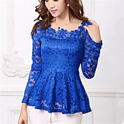 Women's Lace Plus Sizes Micro-elastic Falbala Hem Long Sleeve  Blouse (Lace)