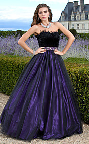 balle gowm bretelles parole longueur tulle soir / robe de bal avec des plumes / fourrure