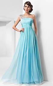  robe A-ligne une épaule-parole longueur mousseline de soie et tulle soir