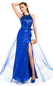 gaine / colonne bijou parole longueur robe de soirée à paillettes et tulle avec avant divisée