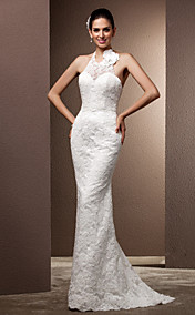  trompette / sirène halter balayage / pinceau train robe de mariée en dentelle