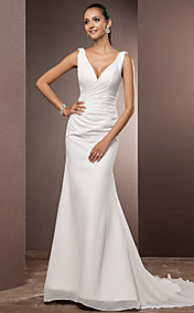 Wedding Dress Trumpet Mermaid Court Train Chiffon V Neck Bridal Gown