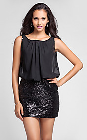  gaine / colonne scoop robe de cocktail à paillettes et mousseline de soie à court / mini