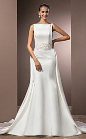 Robe de Mariée en Satin, Coupe Sirène, Traîne Chapelle & Décolleté Bâteau