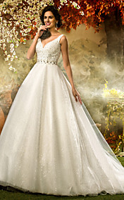 une ligne princesse v-cou Tulle et robe de mariée à paillettes (519022)