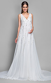 Robe de Mariée - Classique & Intemporel - Trapèze - Col en V - Tribunal (Mousseline de Soie/Dentelle)