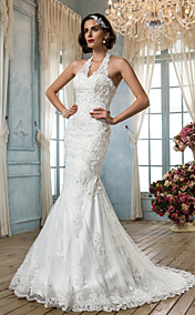  trompette / sirène v-cou licol robe de mariée en tulle