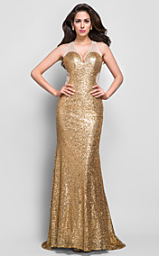 trompette / sirène v-cou balayage / pinceau train robe de bandage de paillettes et tulle soir