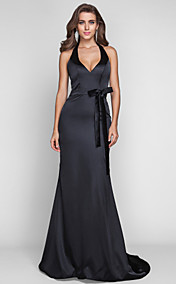 gaine / colonne halter balayage / pinceau train étirement robe de soirée en satin (636 355)