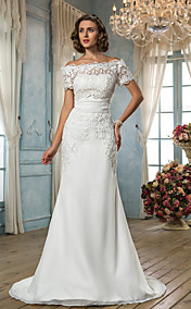  Trumpet/Mermaid Off-the-shoulder Sweep/Brush Train Chiffon Wedding Dress (604682)