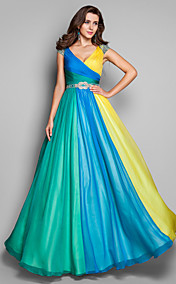 Robe de Soirée Multi-couleur-parole longueur chiffon Ligne-A/Princesse Col V