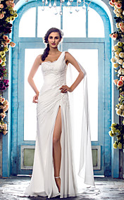 robe de mousseline de soie de mariage de train gaine / colonne d'un seul coup d'épaule / pinceau