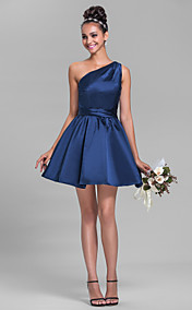 robe de demoiselle d'honneur sans manches en satin A-ligne une épaule court / mini (699314)