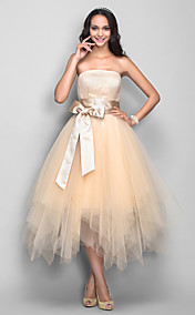 A-line Strapless Tea-length Tulle And Satin Cocktail/Prom Dress (699374)