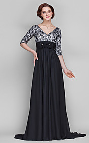 une ligne de v-cou balayage / pinceau train en mousseline de soie et dentelle mère de la robe de mariée (682 757)