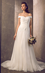 robe de tulle mariage train de gaine / colonne hors-la-épaule balayage / pinceau