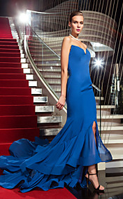 le train trompette / sirène bretelles balayage / pinceau robe de soirée en mousseline de soie inspirée par Rosci diaz aux Emmys