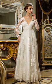 robe de mariage colonne de gaine longueur de plancher de la dentelle de tulle froncé col V à manches illusion et appliques