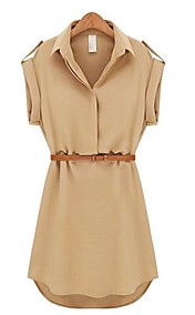 Women's Lapel Chiffon Cap Stretch Sleeve Shirt Mini Belted Dress