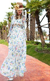 Col rond Impression florale des femmes manches bouffantes Robe