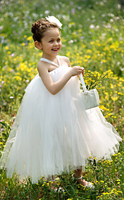 robe de fille robe robe de bal bretelles thé longueur tutu en tulle / fleur avec des fleurs