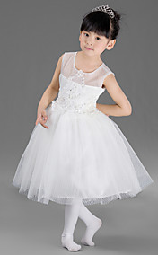 beau joyau de la robe de bal genou longueur satin et tulle et dentelle robe de fille de fleur avec de la broderie