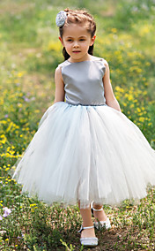 robe de fille robe de bal bateau thé longueur satin et tulle robe de tutu / fleur avec l'arc