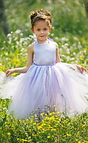 Ball Gown Halter Floor-length Satin And Tulle Tutu Dress/Flower Girl Dress With Flowers