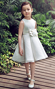 A-line Jewel Knee-length Satin And Tulle Flower Girl Dress With Bow(More Colors)