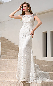 Gaine colonne bateau Charmeuse et robes de mariée à paillettes et satin stretch train de cour