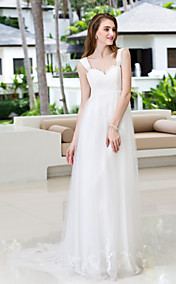 une ligne de bretelles tribunal train tulle et robe de mariée en mousseline de soie (788 844)