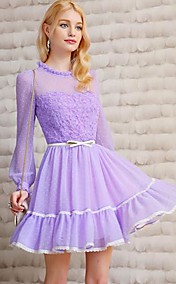 Col rond rose poupée femmes dentelle épissage robe manches longues      