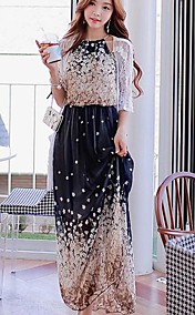 Women's Flower Print Bohemian Chiffon Maxi Dress 