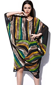 GIMFI Women's Fashion  Colorful Stripe Cape Sleeve Loose Midi Dress