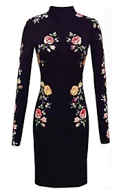 [XmasSale]fleur haute cou impression moulante robe à manches longues des femmes