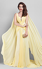 Sheath/Column V-neck Court Train Georgette Evening Dress (1422176)