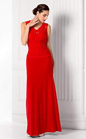Sheath/Column V-neck Floor-length Jersey And Lace Evening Dress (B010025)