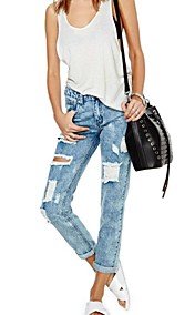 Women's Blue Pockets Ripped Denim Pant