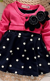 Girl's Fashion Joker Flowers Dotl Round Neck Long Sleeve False Two Piece Dress