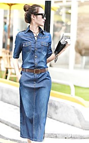 Women's Polo Collar with Belt  Midi Denim Oversize Dress
