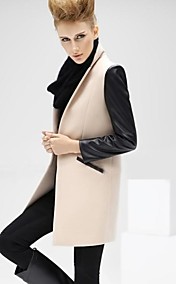 Women's European Tweed Joining PU Wool Blends Plus Sizes Coat