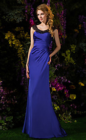 Sheath/Column Scoop Sweep/Brush Train Satin Chiffon Bridesmaid Dress (2092556)