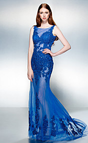 A-line Jewel Sweep/Brush Train Lace And Tulle Evening Dress (1798989)