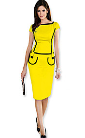 [XmasSale]Place collier Patchwork coton pour femmes Bottes jaunes à manches courtes robes crayon Midi