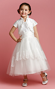 A-line/Princess Jewel Tea-length Taffeta And Tulle Flower Girl Dress (2174401)